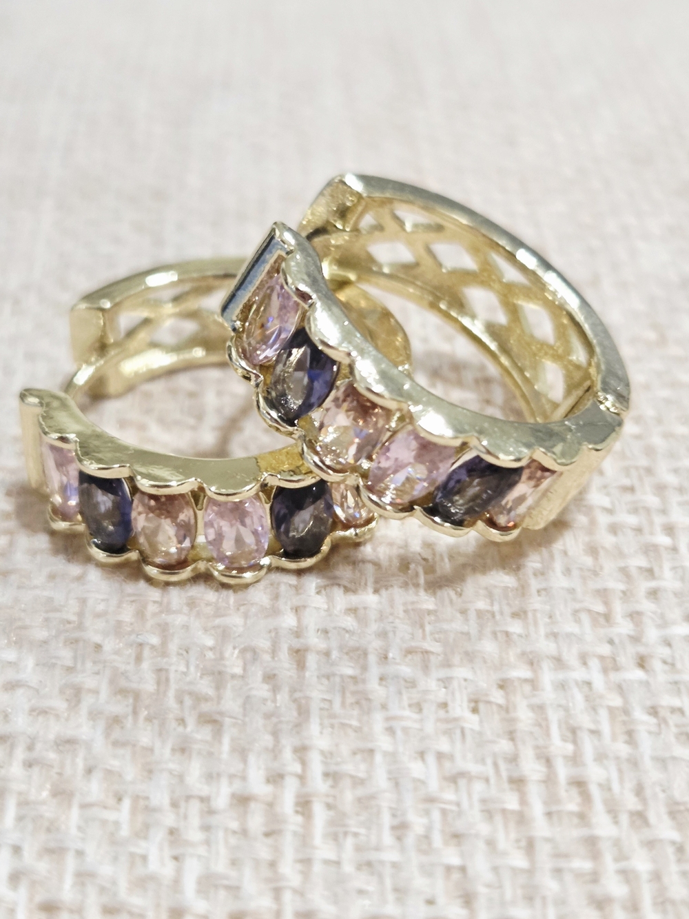 Gold Huggie Hoop Earrings with Pink and Purple Stones
